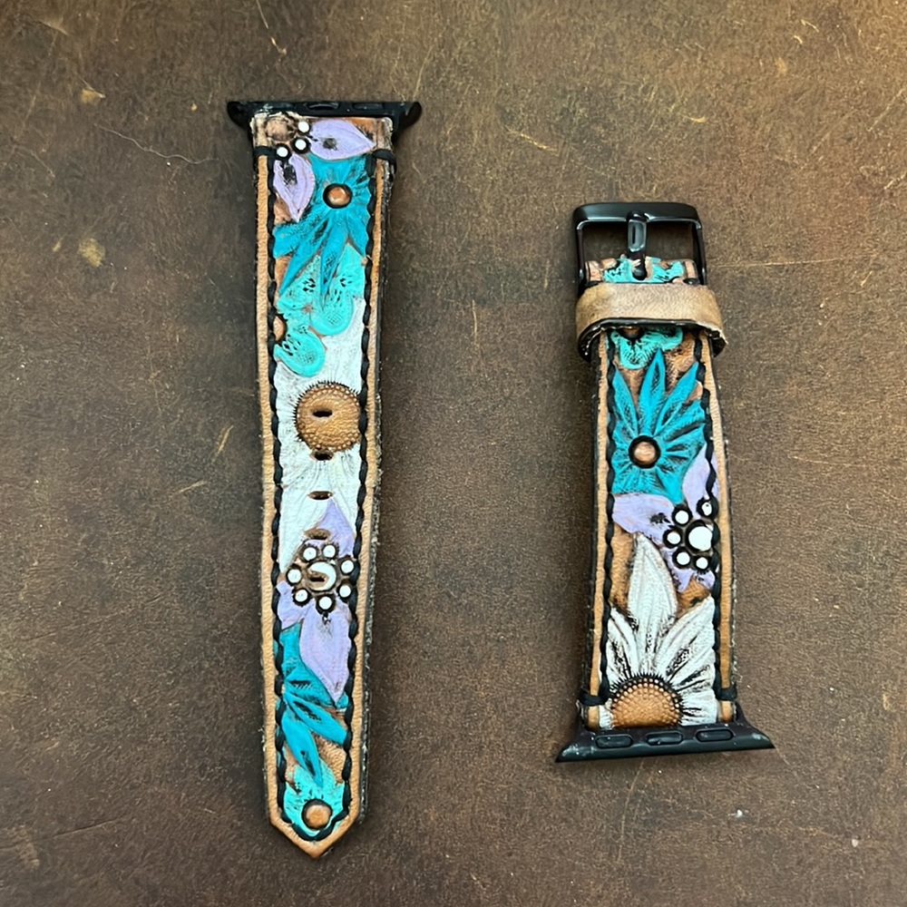 Tooled Leather Watchband. Floral. As is. Gently used. Apple I watch. 38/40mm - Picture 2 of 5